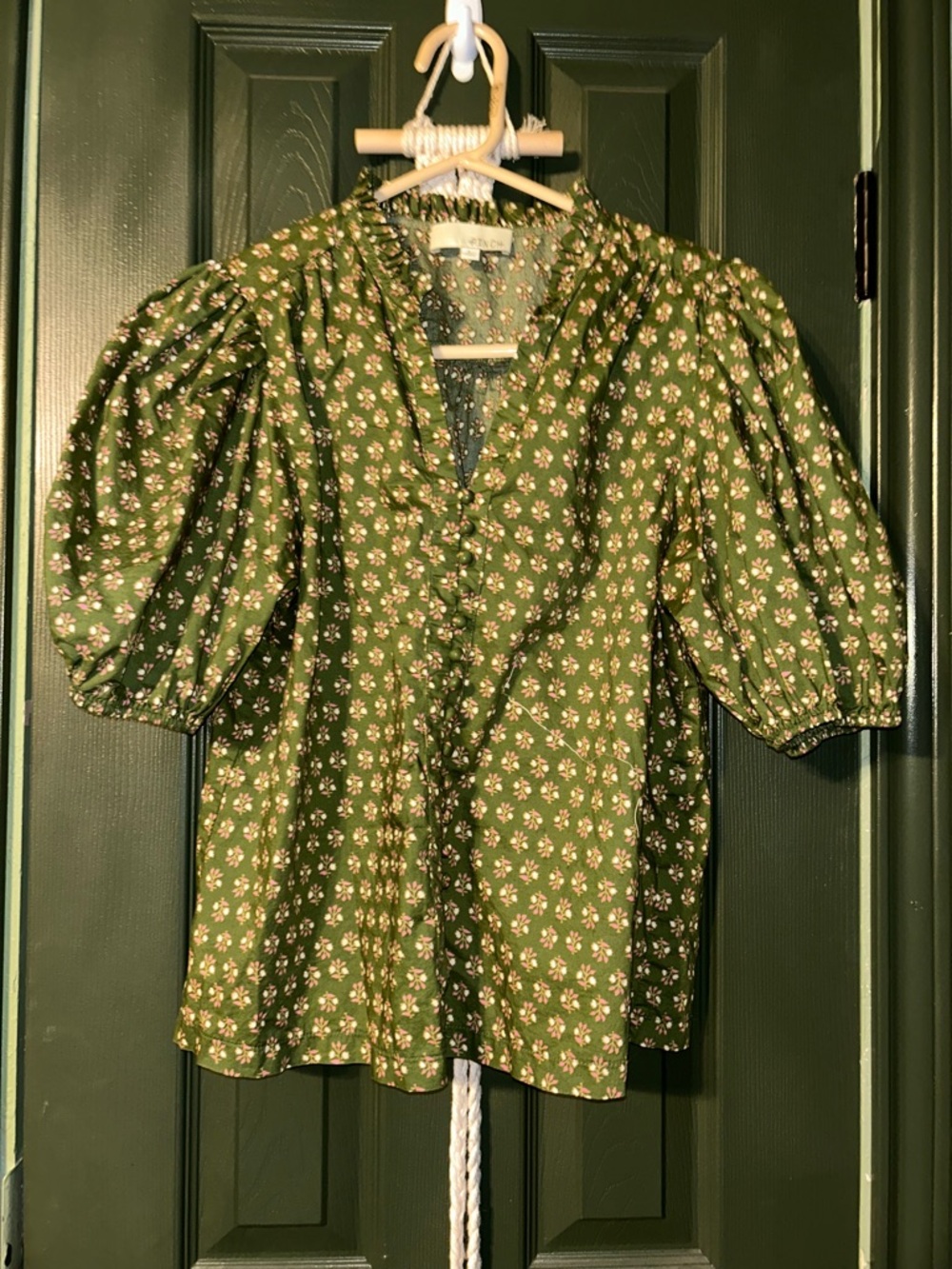 Pinch Olive Green Puff Sleeve Floral Blouse
